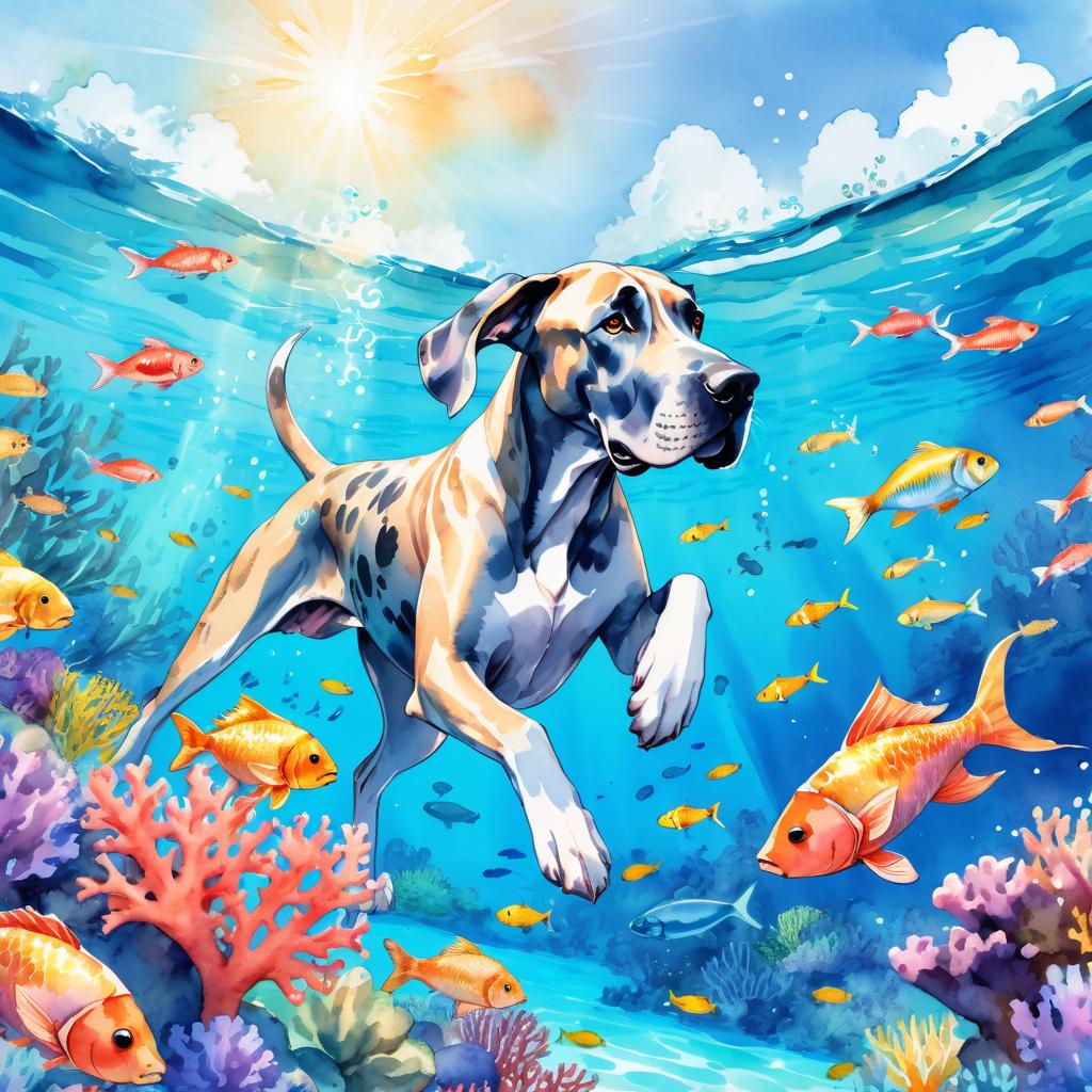 watercolor painting of great dane swimming in a beautiful blue ocean with colorful fish and coral reef, capturing a happy and vibrant underwater scene.