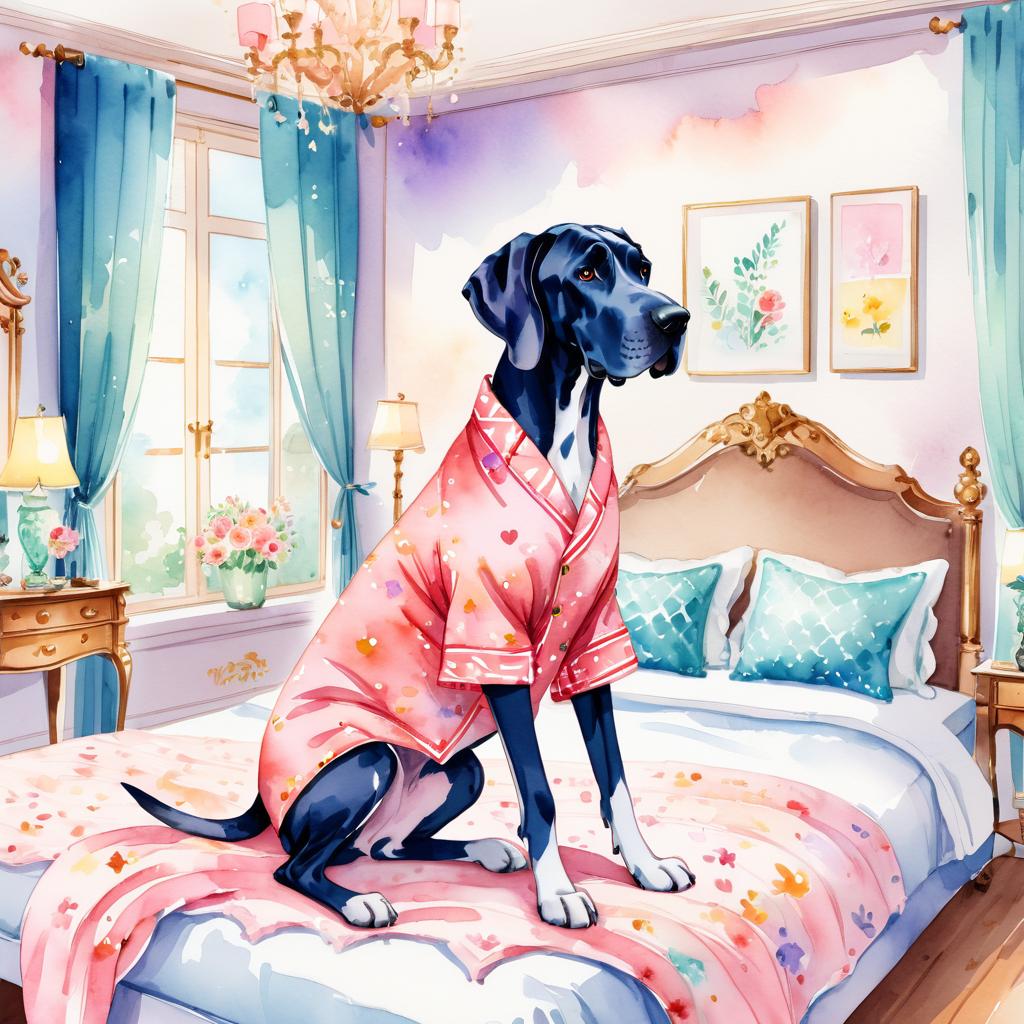 watercolor illustration of great dane in cute pyjamas, relaxing in a posh bedroom, capturing a vibrant and happy scene.