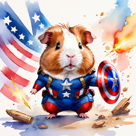 watercolor painting of american guinea pig as captain america from avengers, vibrant and detailed.