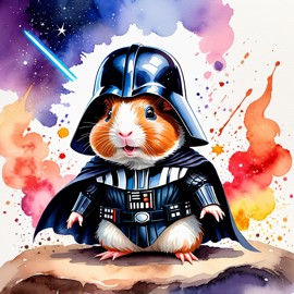 watercolor painting of american guinea pig as darth vader from star wars, dressed as darth vader in a vibrant star wars scene.