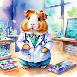 watercolor painting of american guinea pig as a doctor in a hospital, vibrant and highly detailed, in a studio anime style.