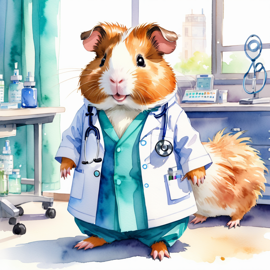 watercolor painting of teddy guinea pig as a doctor in a hospital, vibrant and highly detailed, in a studio anime style.