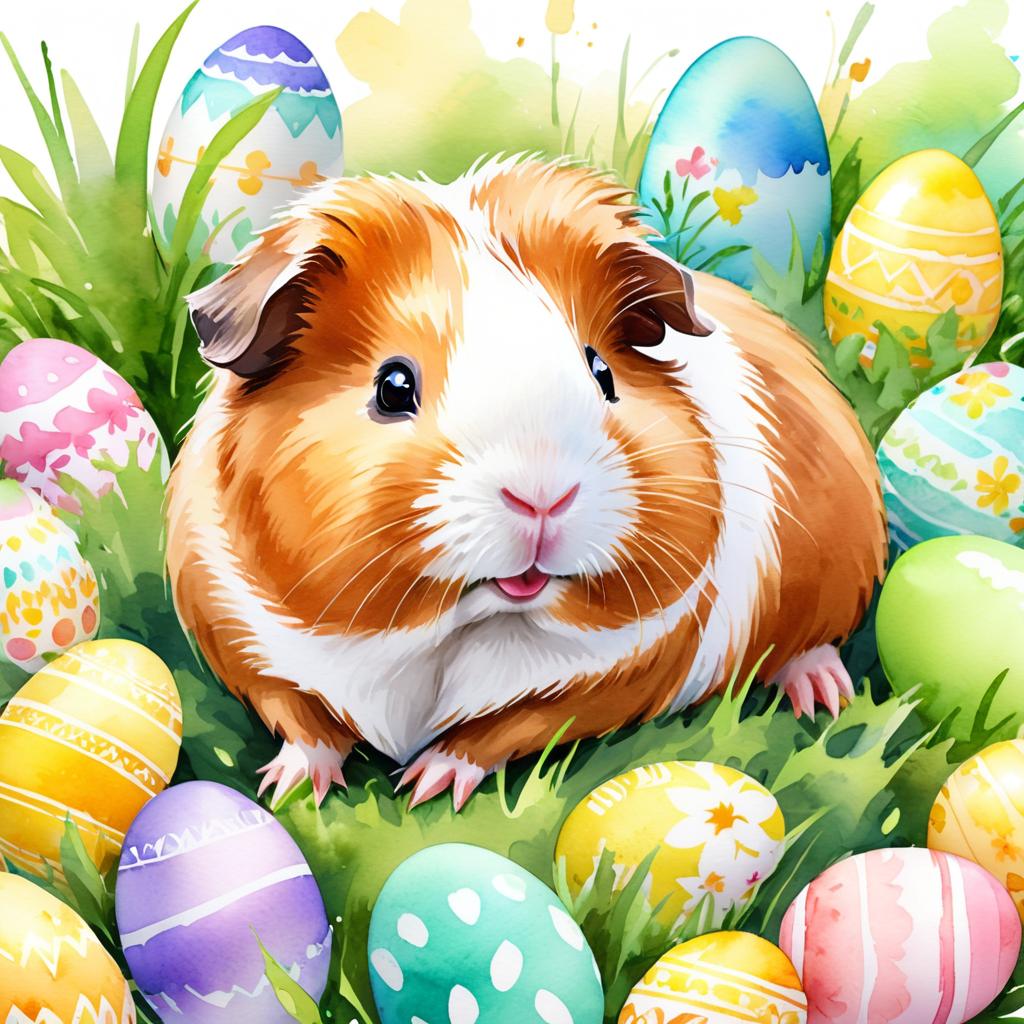 watercolor painting of american guinea pig in a vibrant easter scene with colorful eggs, highly detailed and joyful.