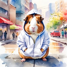 watercolor painting of american guinea pig in a white hoodie, featuring a vibrant and detailed urban scene with a happy and cute look.