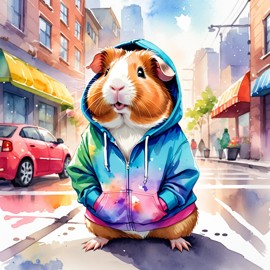 watercolor painting of american guinea pig in a colorful hoodie, set in a vibrant urban setting, capturing a detailed and happy mood.