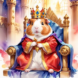 watercolor painting of american guinea pig as a king in a magical castle, wearing a crown and robe, seated on a throne.