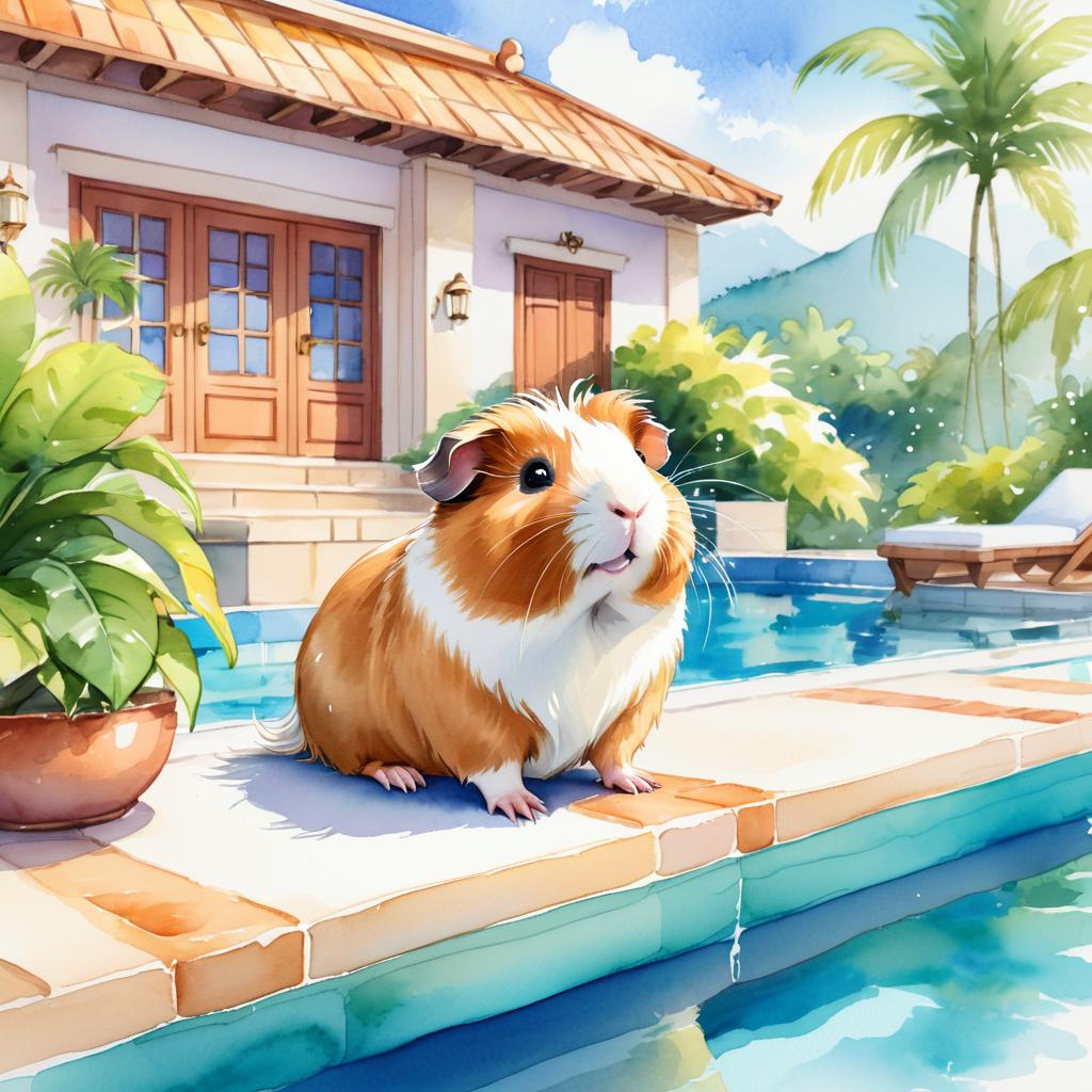 watercolor illustration of peruvian guinea pig suntanning next to a luxurious villa pool, capturing a posh and vibrant scene.