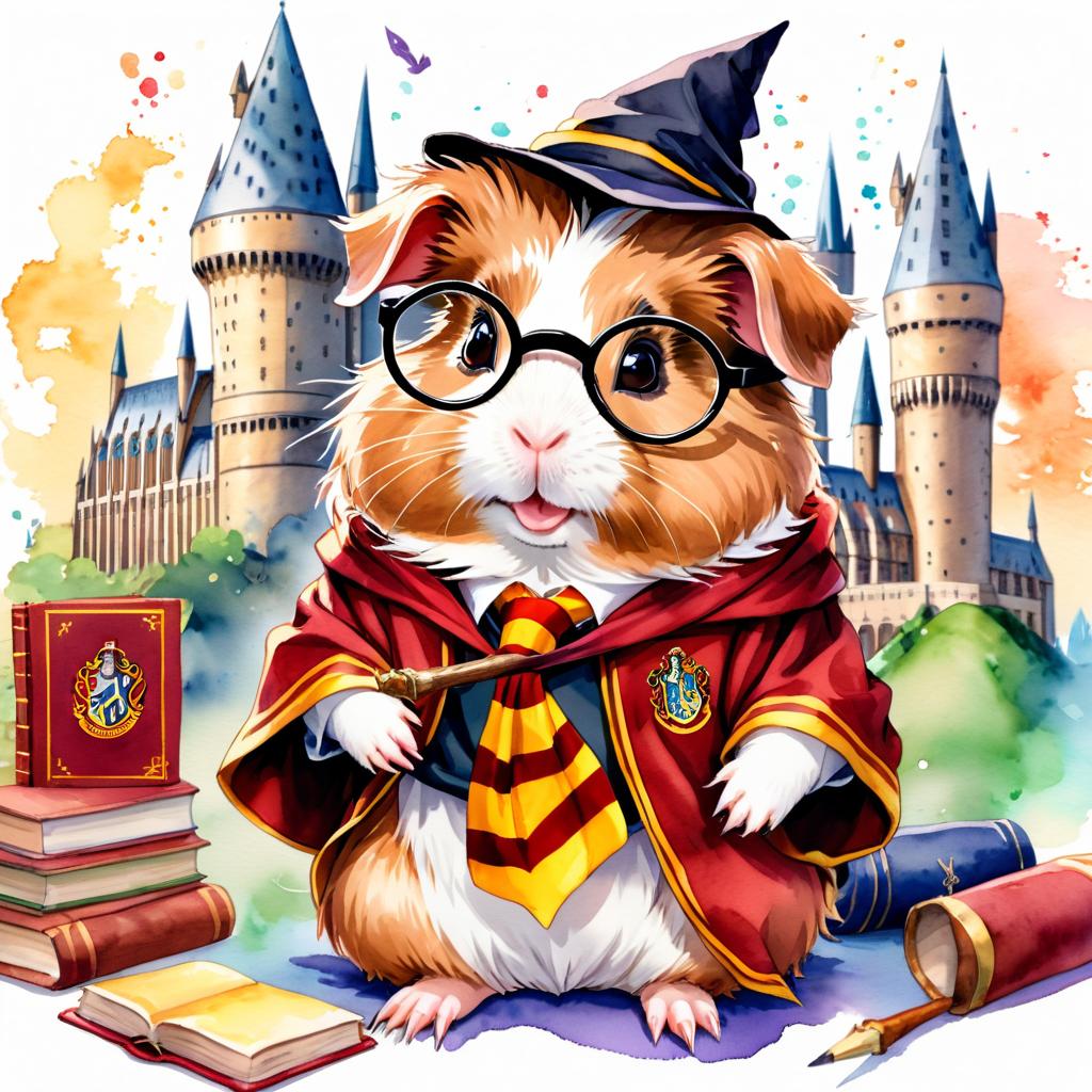 watercolor painting of teddy guinea pig as harry potter, complete with glasses and hogwarts backdrop, highlighting a vibrant and magical scene.