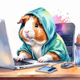 watercolor illustration of american guinea pig as a programmer, working on a laptop in a hoodie, capturing a cute and vibrant scene.