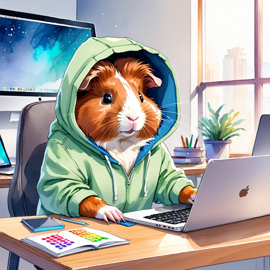 watercolor illustration of abyssinian guinea pig as a programmer, working on a laptop in a hoodie, capturing a cute and vibrant scene.