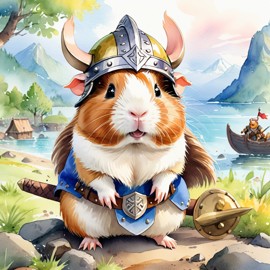 watercolor painting of american guinea pig as a viking, wearing traditional armor and helmet, in a vibrant viking environment.