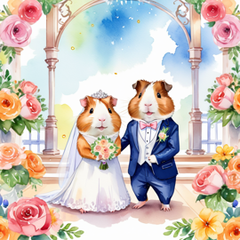 watercolor painting of american guinea pig at a wedding in a beautiful wedding suit, looking cute and happy in a vibrant, detailed style.