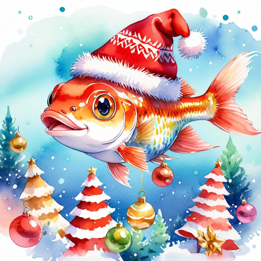 watercolor painting of guppy fish in a christmas sweater and santa hat, festive and vibrant.