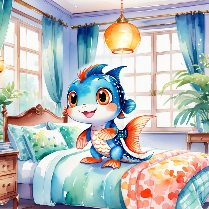 watercolor illustration of guppy fish in cute pyjamas, relaxing in a posh bedroom, capturing a vibrant and happy scene.