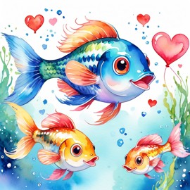 watercolor painting of guppy fish with hearts, capturing a lovely, cute, and happy expression in vibrant, detailed style.