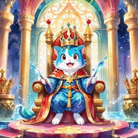 watercolor painting of guppy fish as a king in a magical castle, wearing a crown and robe, seated on a throne.