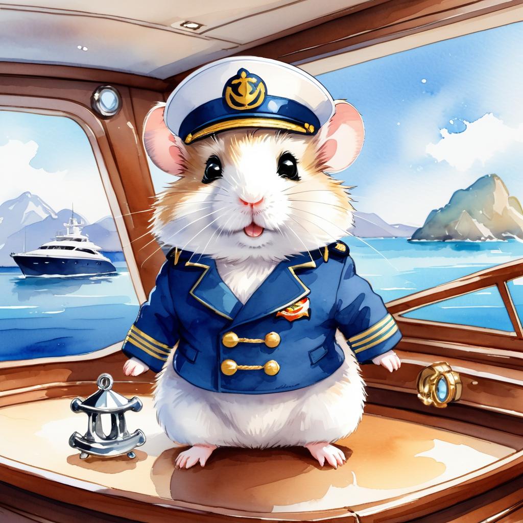 watercolor painting of winter white russian dwarf hamster as a captain on a luxury yacht, wearing captain uniform, vibrant and detailed.