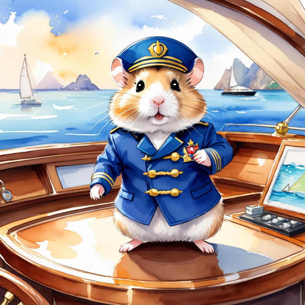 watercolor painting of dwarf campbell russian hamster as a captain on a luxury yacht, wearing captain uniform, vibrant and detailed.