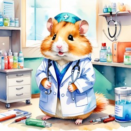 watercolor painting of syrian hamster as a doctor in a hospital, vibrant and highly detailed, in a studio anime style.