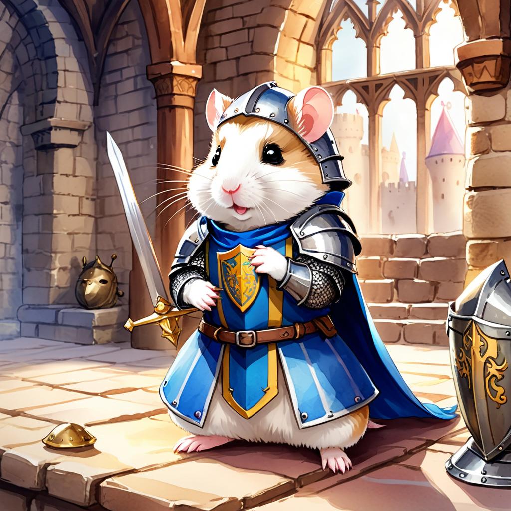 watercolor painting of winter white russian dwarf hamster as a medieval knight in a vibrant, detailed castle scene.