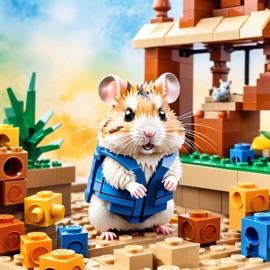 watercolor painting of dwarf campbell russian hamster as lego bricks, vibrant and detailed in a playful lego environment.