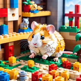 watercolor painting of chinese hamster as lego bricks, vibrant and detailed in a playful lego environment.