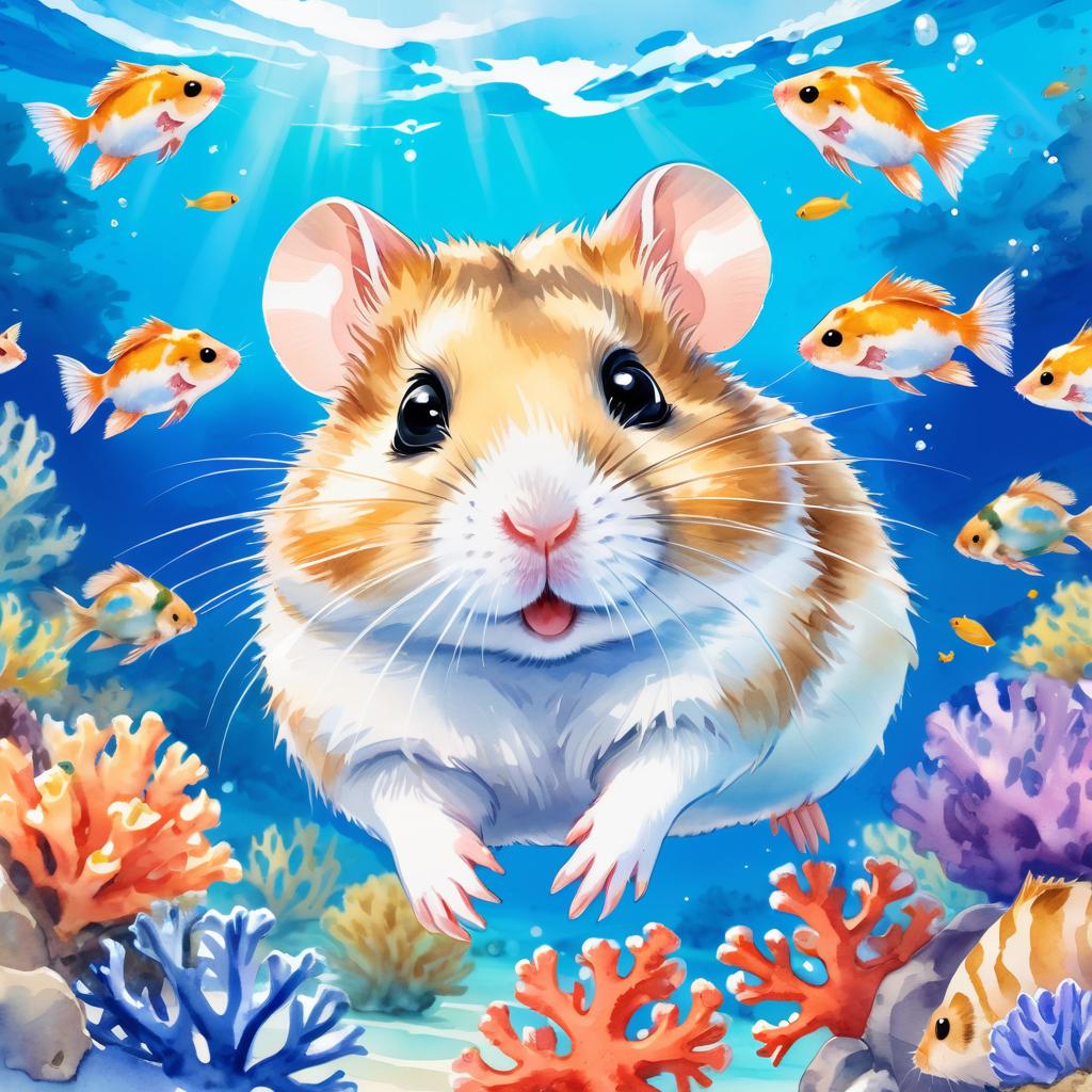 watercolor painting of dwarf campbell russian hamster swimming in a beautiful blue ocean with colorful fish and coral reef, capturing a happy and vibrant underwater scene.