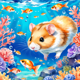 watercolor painting of syrian hamster swimming in a beautiful blue ocean with colorful fish and coral reef, capturing a happy and vibrant underwater scene.