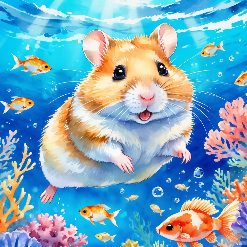 watercolor painting of chinese hamster swimming in a beautiful blue ocean with colorful fish and coral reef, capturing a happy and vibrant underwater scene.