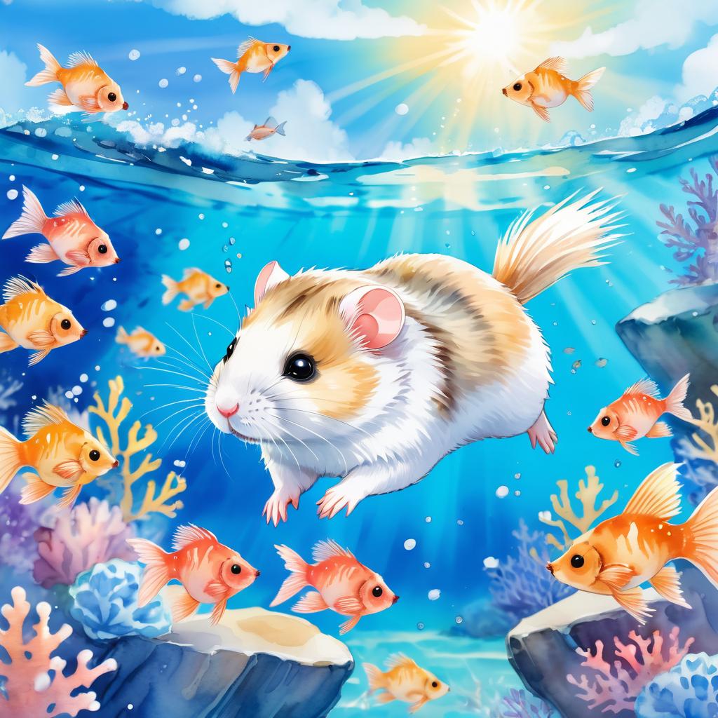 watercolor painting of winter white russian dwarf hamster swimming in a beautiful blue ocean with colorful fish and coral reef, capturing a happy and vibrant underwater scene.