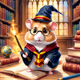 watercolor painting of syrian hamster as harry potter, complete with glasses and hogwarts backdrop, highlighting a vibrant and magical scene.