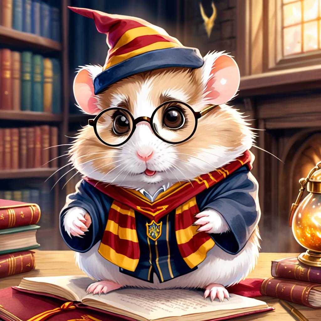 watercolor painting of winter white russian dwarf hamster as harry potter, complete with glasses and hogwarts backdrop, highlighting a vibrant and magical scene.