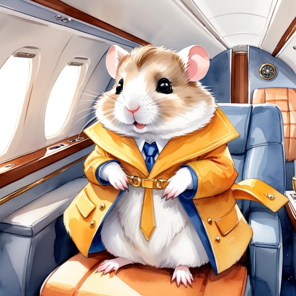 watercolor illustration of winter white russian dwarf hamster in a gulfstream private jet, dressed in elegant clothing, capturing a posh and vibrant scene.