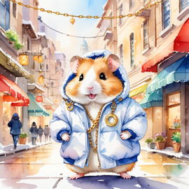 watercolor painting of syrian hamster in a white puffer coat with golden hip hop chains, set in a posh urban environment.