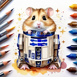 watercolor painting of dwarf campbell russian hamster as r2d2 from star wars, dressed as r2d2 in a vibrant star wars scene.