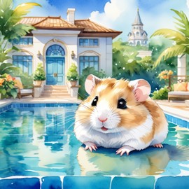 watercolor illustration of dwarf campbell russian hamster suntanning next to a luxurious villa pool, capturing a posh and vibrant scene.