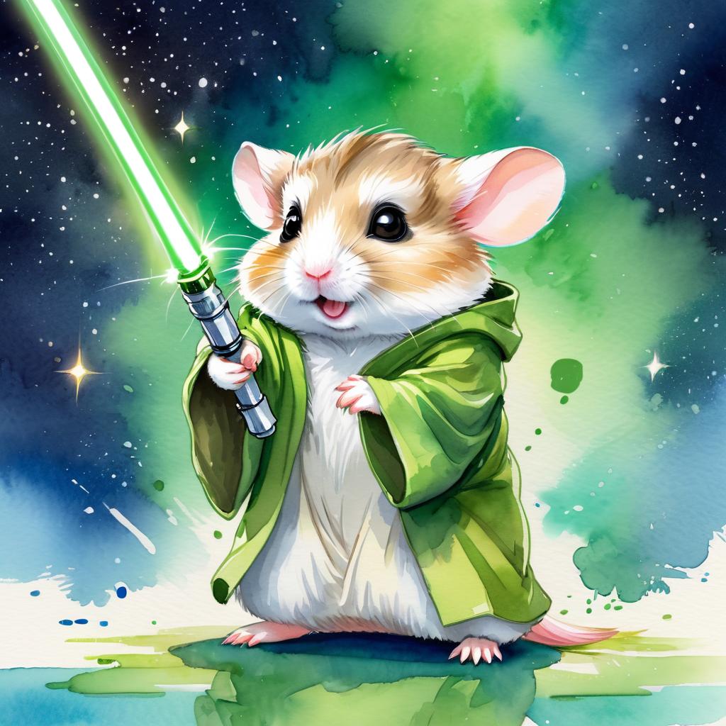 watercolor painting of dwarf campbell russian hamster as yoda from star wars, holding a green lightsaber in a cinematic star wars scene.