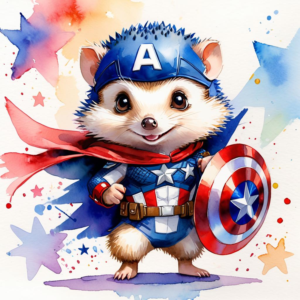 watercolor painting of european hedgehog as captain america from avengers, vibrant and detailed.