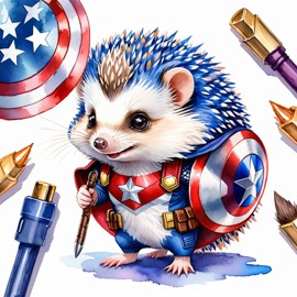 watercolor painting of african pygmy hedgehog as captain america from avengers, vibrant and detailed.