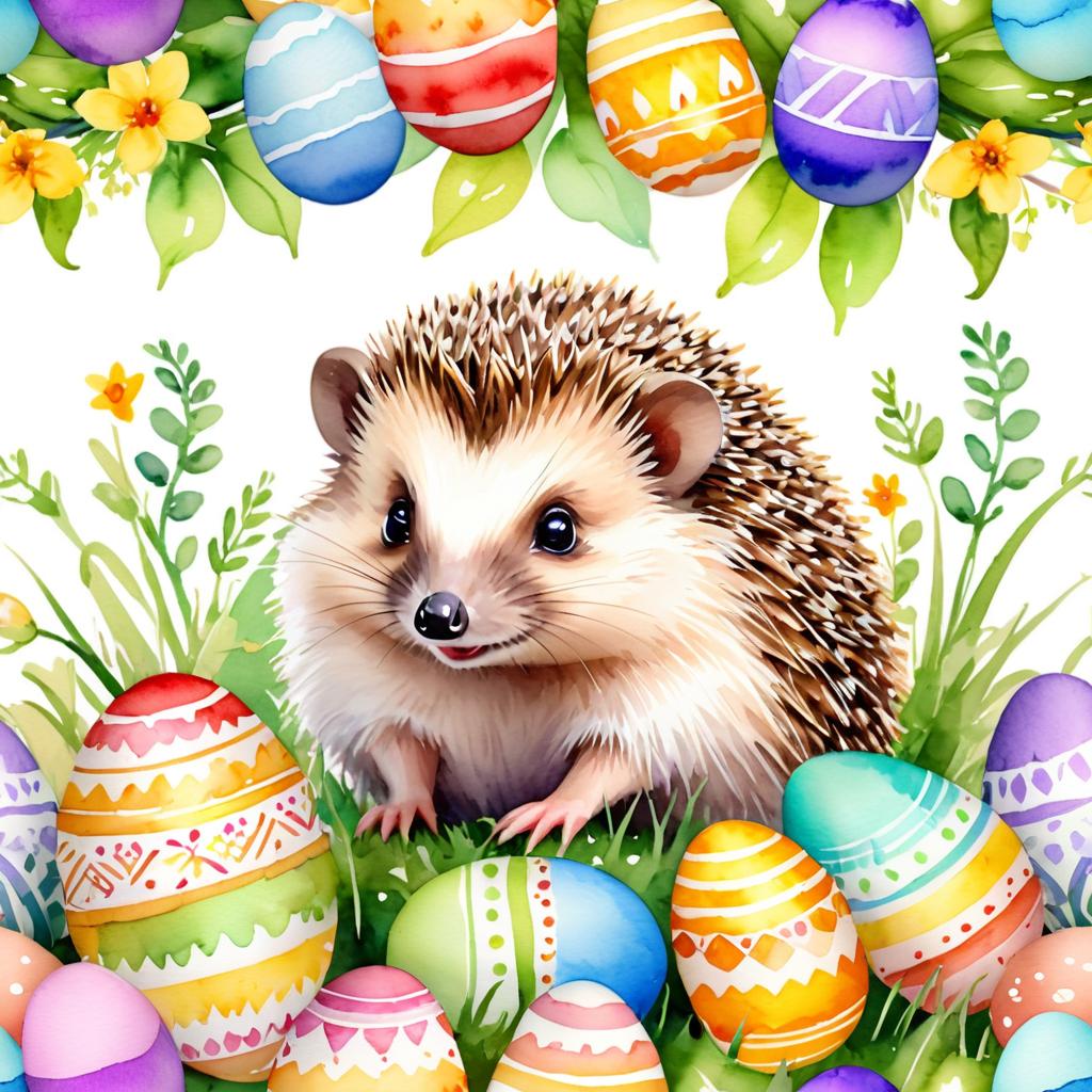 watercolor painting of european hedgehog in a vibrant easter scene with colorful eggs, highly detailed and joyful.