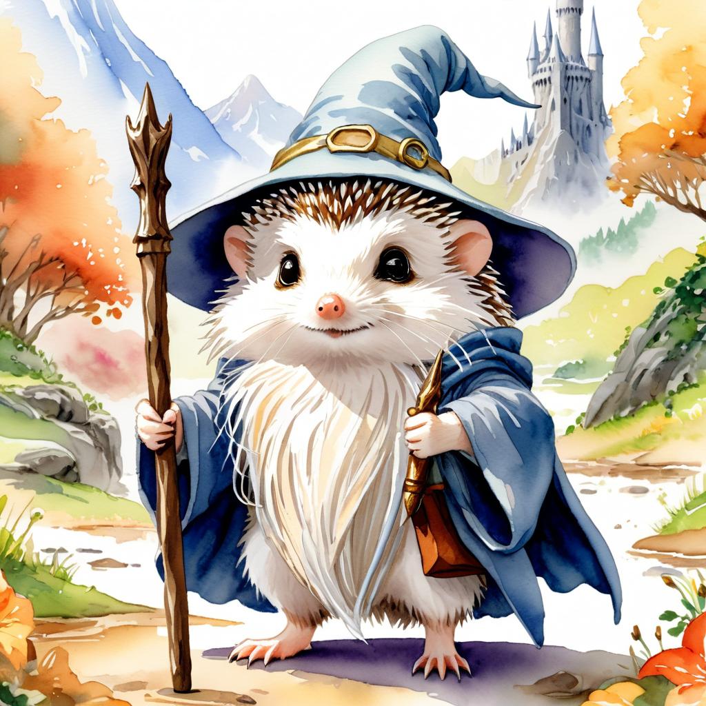 watercolor painting of african pygmy hedgehog as gandalf, featuring a white beard and a vibrant fantasy setting.