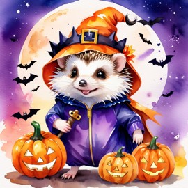 watercolor illustration of african pygmy hedgehog in a halloween costume with a vibrant and festive atmosphere surrounded by pumpkins.