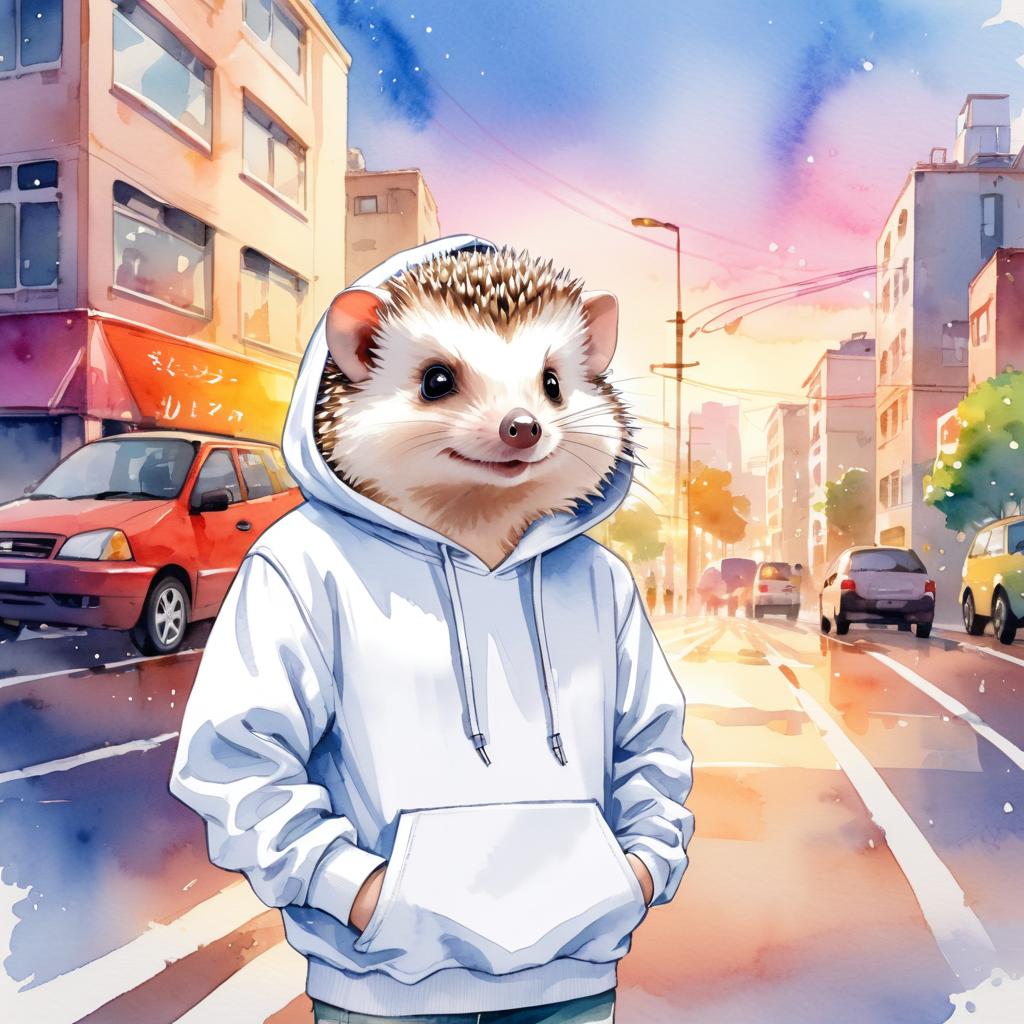 watercolor painting of african pygmy hedgehog in a white hoodie, featuring a vibrant and detailed urban scene with a happy and cute look.