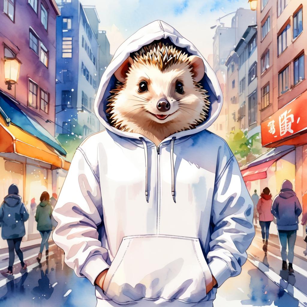 watercolor painting of european hedgehog in a white hoodie, featuring a vibrant and detailed urban scene with a happy and cute look.