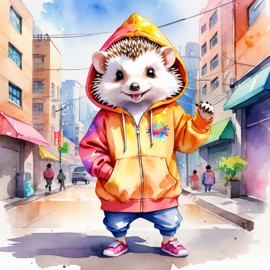 watercolor painting of african pygmy hedgehog in a colorful hoodie, set in a vibrant urban setting, capturing a detailed and happy mood.