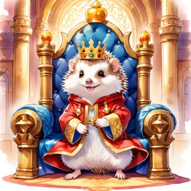 watercolor painting of african pygmy hedgehog as a king in a magical castle, wearing a crown and robe, seated on a throne.