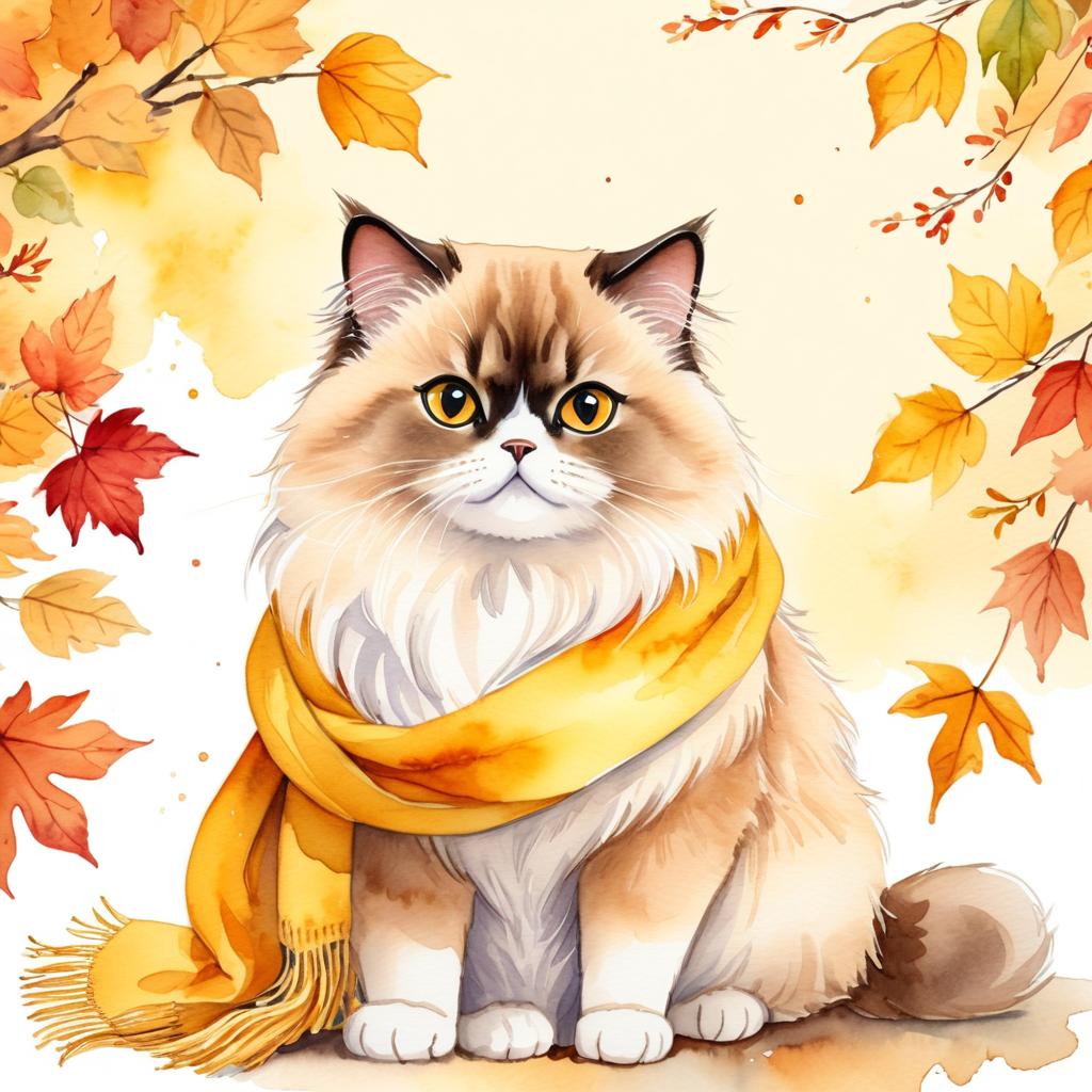 watercolor painting of himalayan cat in autumn, wearing a yellow scarf, vibrant and detailed.