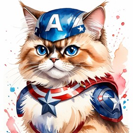 watercolor painting of himalayan cat as captain america from avengers, vibrant and detailed.