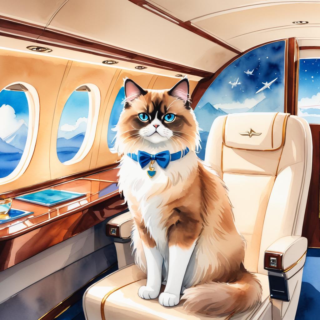 watercolor illustration of himalayan cat in a gulfstream private jet, dressed in elegant clothing, capturing a posh and vibrant scene.