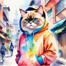 watercolor painting of himalayan cat in a colorful hoodie, set in a vibrant urban setting, capturing a detailed and happy mood.